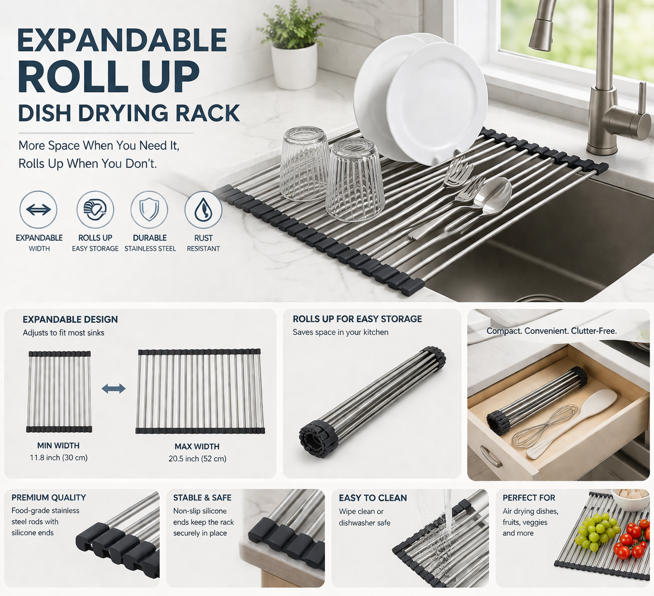 Premium Stainless Steel expandable roll up dish drying rack