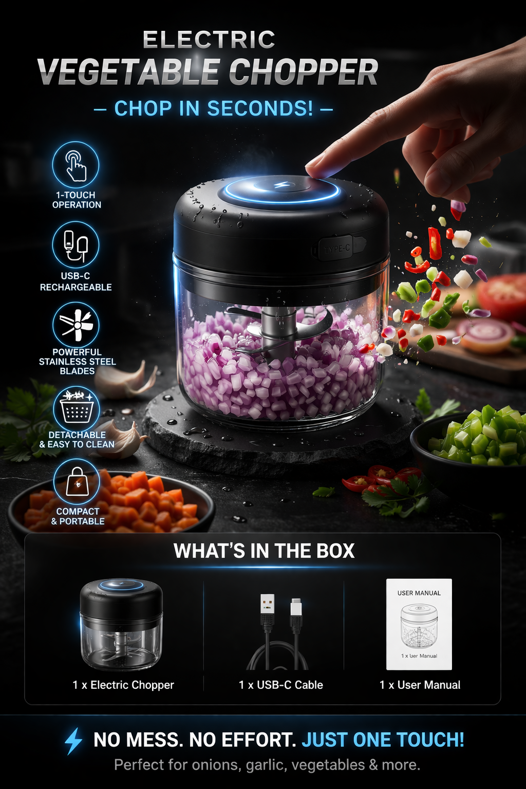 Electric Vegetable Chopper – 1-Touch USB Rechargeable Food Processor
