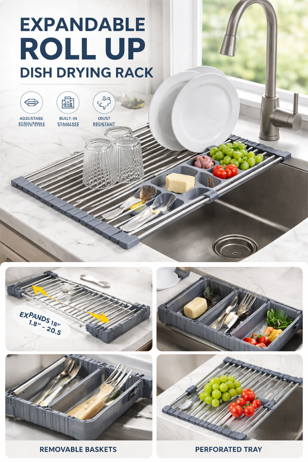 Premium Stainless Steel expandable roll up dish drying rack